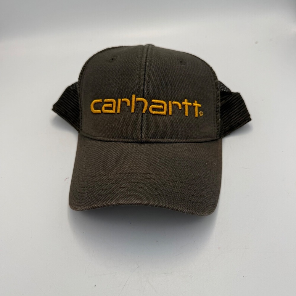 Carhartt Men Trucker Hat Grey Mesh Back Snapback Mustard Yellow Logo Cap